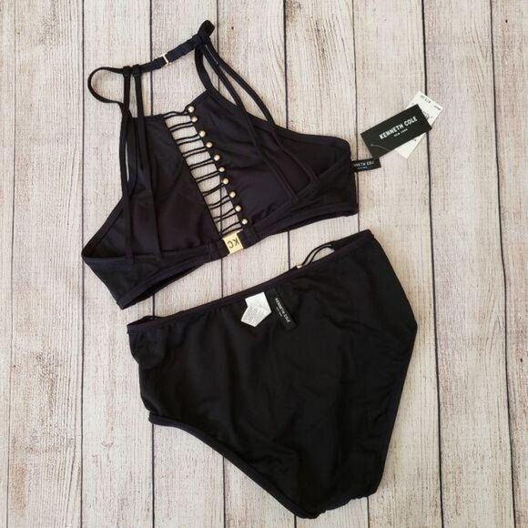 Kenneth Cole High Neck Cutout Bikini Top and Bottom Set Women's Size Small Black - Picture 9 of 12